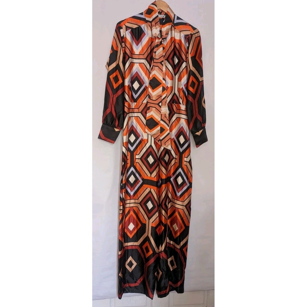 Zara Satin Geometric Jumpsuit Retro 70s Print Long Sleeve Wide Leg NWT Sz M - Picture 3 of 14
